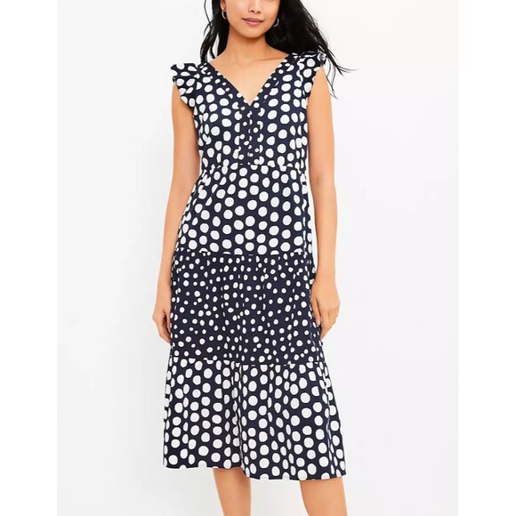 Loft Midi Dress Size M Petite Navy Blue Dotted Flutter Sleeve V Neck Tiered Cute - Picture 1 of 10
